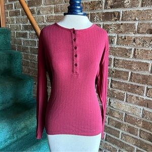 Vtg PBX Basics Burgundy Dark Wine Red Long Sleeve Fitted Henley Shirt